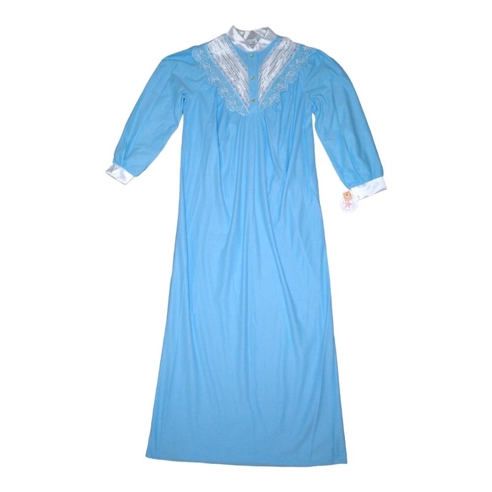 Vintage 80s Coquette Blue Flannel Nightgown Size M New Old Stock Cottagecore